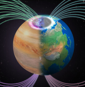 A conceptual image illustrating the different aurora between Earth and Jupiter. Image credit: Professor Zhonghua YAO